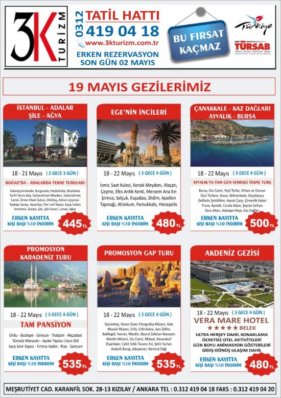  19 Mayıs Turlarımız.... Antalya,karadeniz,gap,ege,istanbul,çanakkale