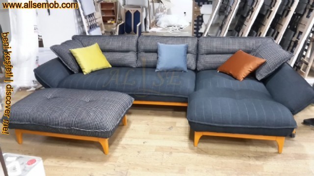 Lüks Gri Yumuşak L Köşe Gondol Köşe Koltuk Lacivert Nubuk Kumaş Lüks Hypersoft Kalite