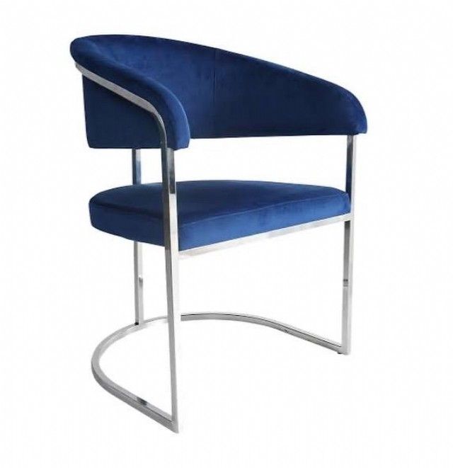 Metal Krom Sandalye Modeli Gümüş Renk Krom Lacivert Kumaşlı