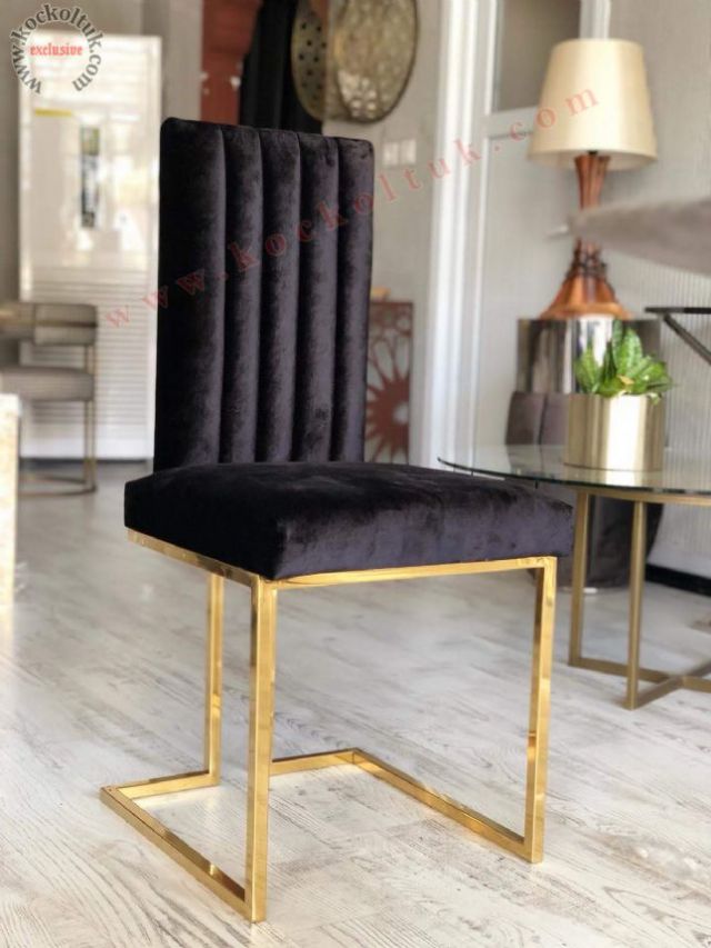 Siyah Kadife Sarı Metal Sandalye Lüks Modern Sandalye