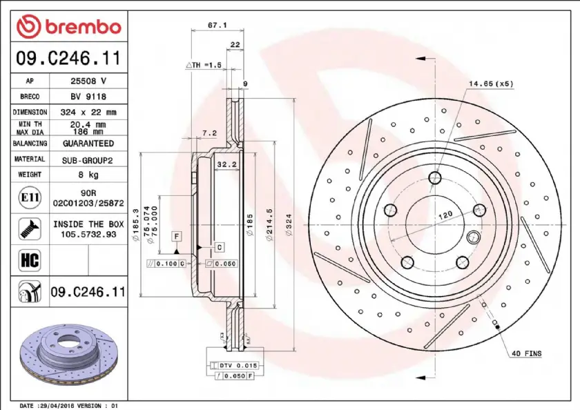 Brembo Prime Fren Diski - Bmw 1-3 Serisi - 324x22mm İçten Havalandırmalı Oluklu  Delikli
