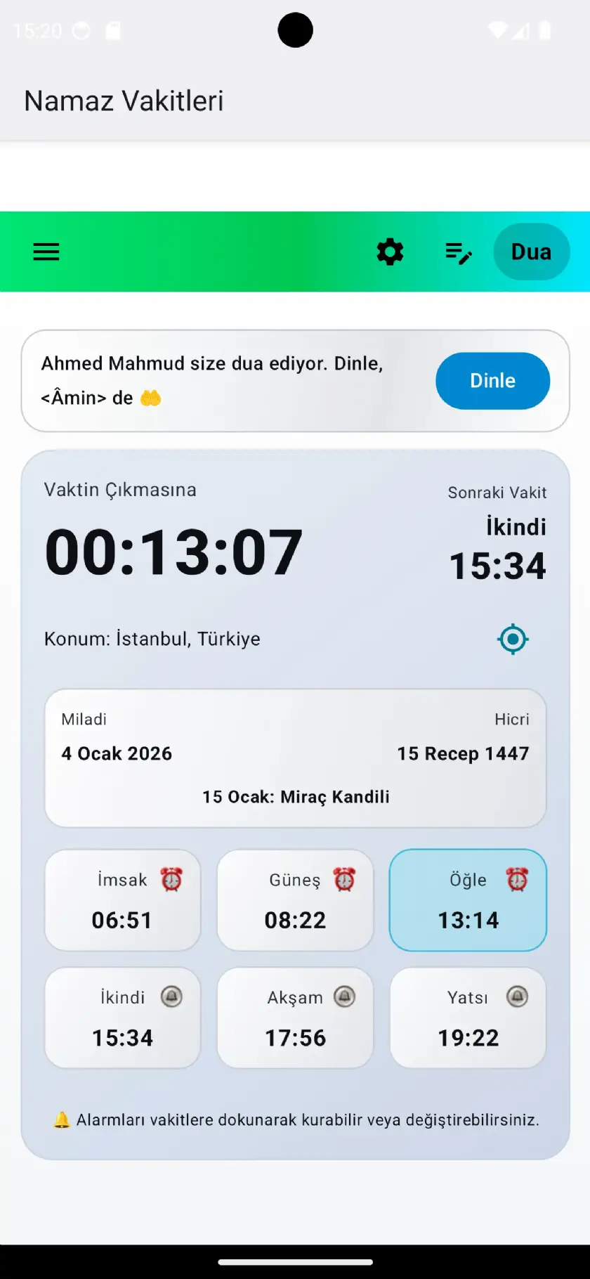 Namaz Vakitleri Android Uygulaması Her Vakte Üç Alarmlı Dualı Kıble Pusulası Kaza Takibi
