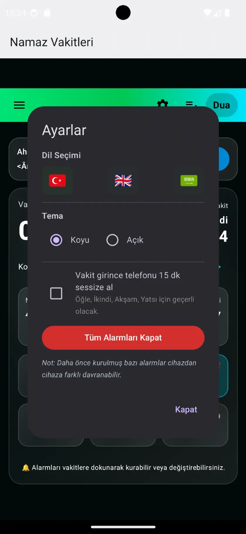 Namaz Vakitleri Android Uygulaması Her Vakte Üç Alarmlı Dualı Kıble Pusulası Kaza Takibi