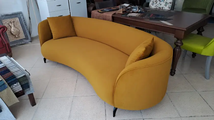 Oval Tarçın Renk Kadife Kumaş  Üçlü Fasulye Koltuk